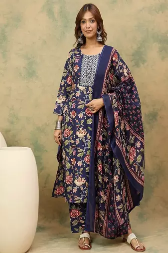 Floral printed cotton round neck kurta trouser & dupatta set