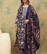 Floral printed cotton round neck kurta trouser & dupatta set