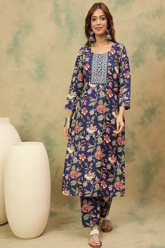 Floral printed cotton round neck kurta trouser & dupatta set