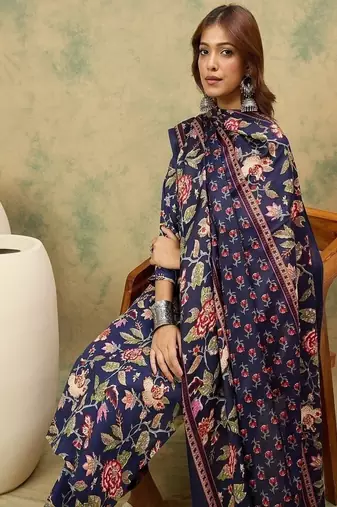 Floral printed cotton round neck kurta trouser & dupatta set