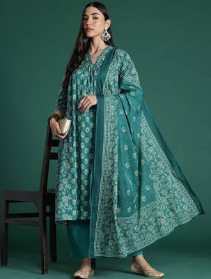 Women Floral Printed Empire Cotton Kurta with Trousers & With Dupatta 7