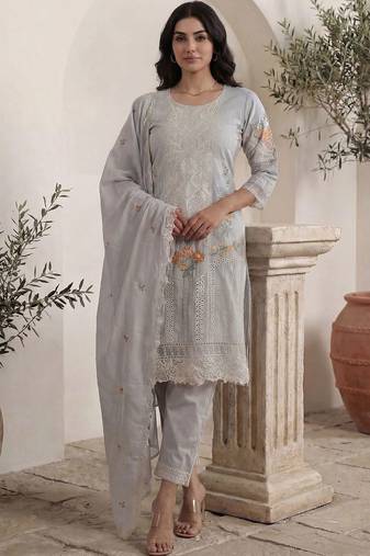 Women Ethnic Motifs Embroidered Thread Work Cotton Kurta with Trousers & With Dupatta