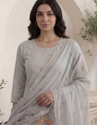 Women Ethnic Motifs Embroidered Thread Work Cotton Kurta with Trousers & With Dupatta 3