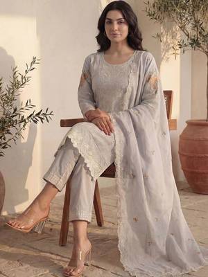 Women Ethnic Motifs Embroidered Thread Work Cotton Kurta with Trousers & With Dupatta 5