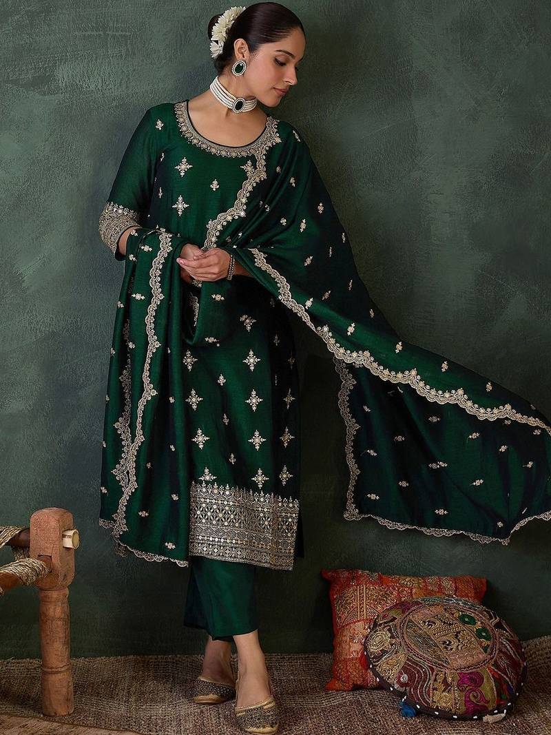 Women Ethnic Motifs Embroidered Kurta with Trousers & With Dupatta