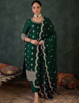 Women Ethnic Motifs Embroidered Kurta with Trousers & With Dupatta 4