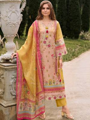 Women Floral Printed Sequinned Linen Kurta with Trousers & With Dupatta 1