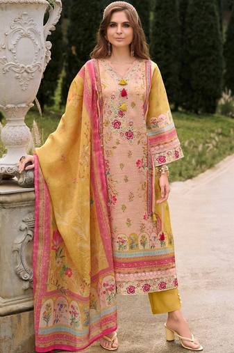 Women Floral Printed Sequinned Linen Kurta with Trousers & With Dupatta