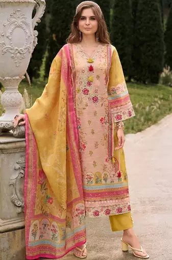 Women Floral Printed Sequinned Linen Kurta with Trousers & With Dupatta