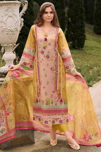 Women Floral Printed Sequinned Linen Kurta with Trousers & With Dupatta