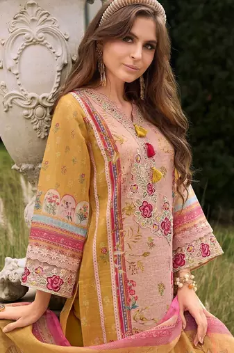 Women Floral Printed Sequinned Linen Kurta with Trousers & With Dupatta