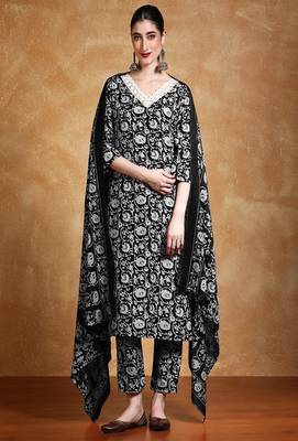 Floral printed cotton v neck kurta trouser & dupatta set 1