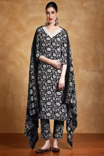 Floral printed cotton v neck kurta trouser & dupatta set
