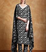 Floral printed cotton v neck kurta trouser & dupatta set