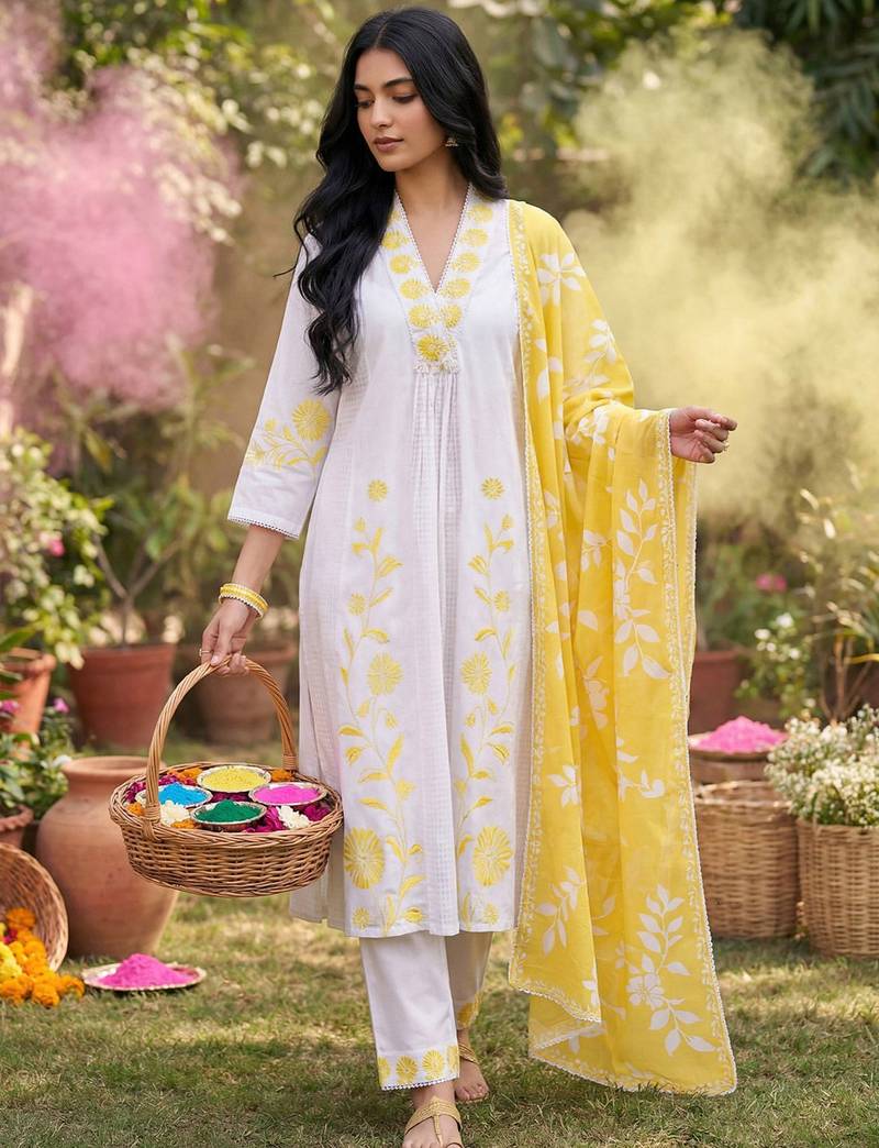 Women Floral Embroidered Thread Work Cotton Kurta with Trousers & With Dupatta