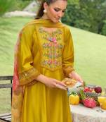 Floral Embroidered Thread Work Tieup Neck A-Line Kurta With Trousers & Dupatta