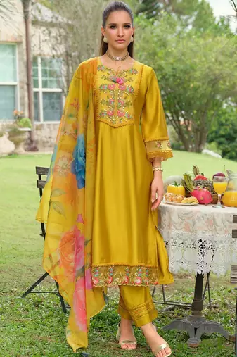 Floral Embroidered Thread Work Tieup Neck A-Line Kurta With Trousers & Dupatta