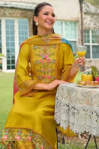 Floral Embroidered Thread Work Tieup Neck A-Line Kurta With Trousers & Dupatta