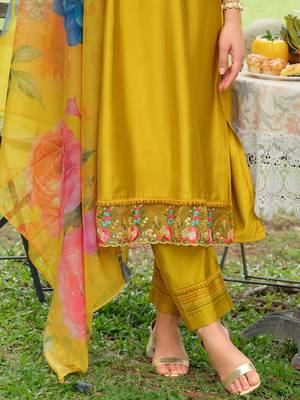 Floral Embroidered Thread Work Tieup Neck A-Line Kurta With Trousers & Dupatta 6