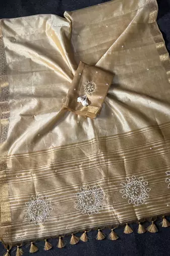 Cream Color Latkan With Cut Dana Work Silk Blend Saree