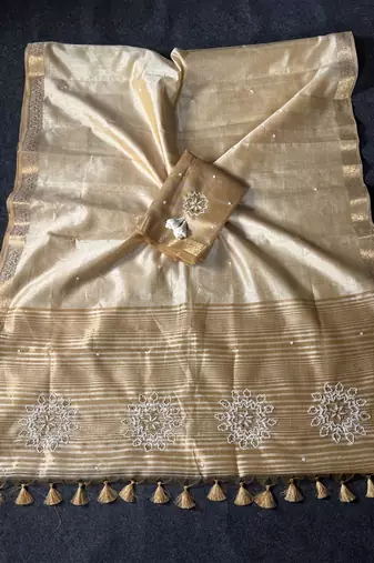 Cream Color Latkan With Cut Dana Work Silk Blend Saree