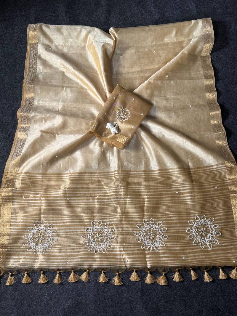 Cream Color Latkan With Cut Dana Work Silk Blend Saree