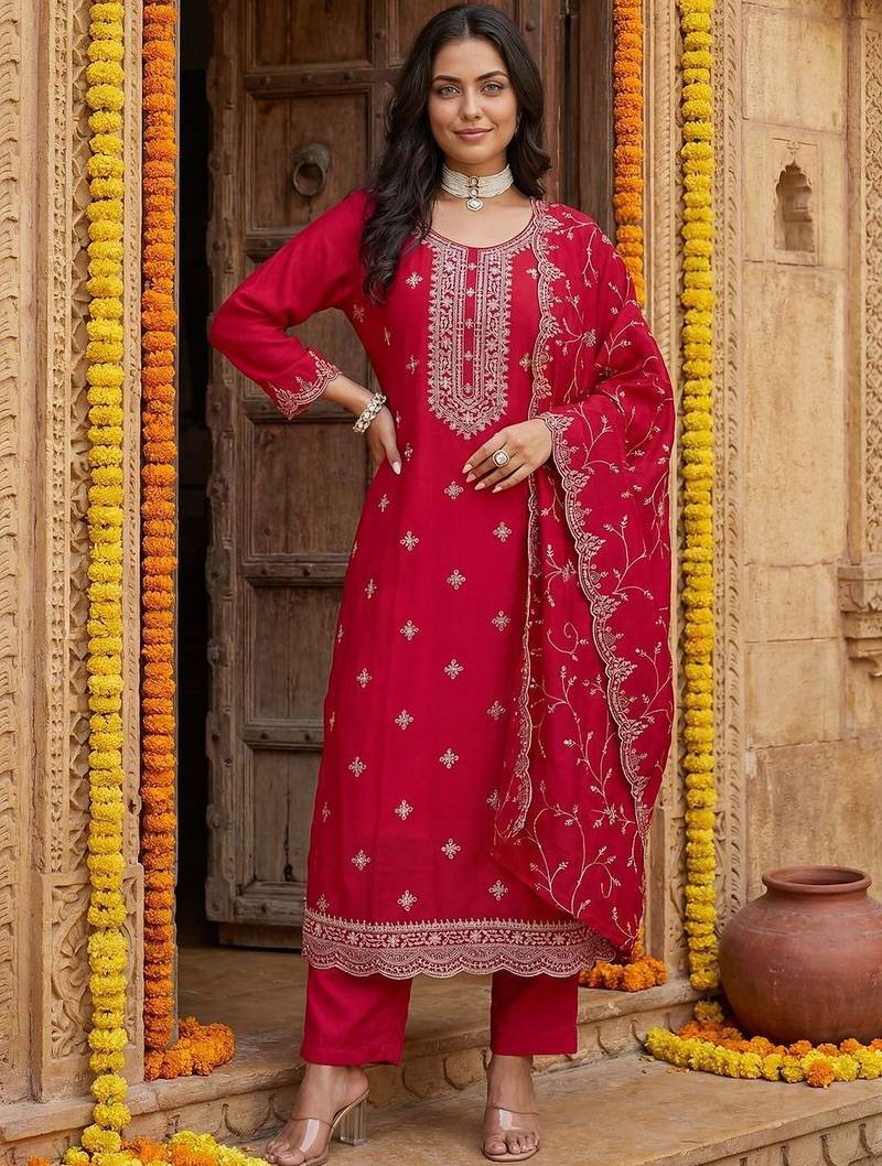 Women Ethnic Motifs Embroidered Thread Work Kurta with Trousers & With Dupatta