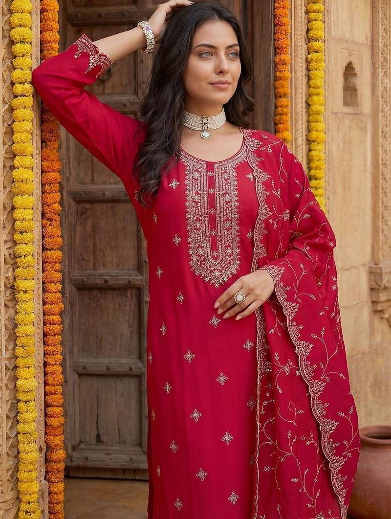 Women Ethnic Motifs Embroidered Thread Work Kurta with Trousers & With Dupatta