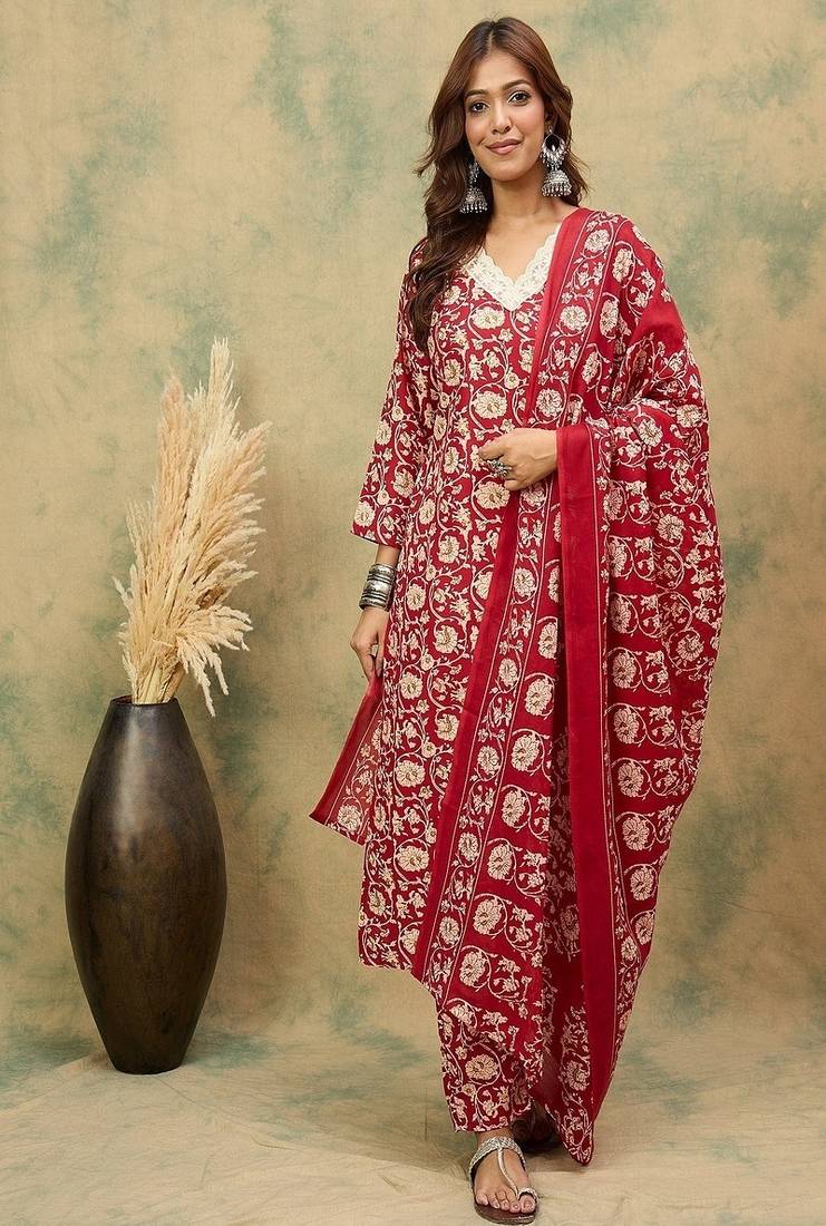 Floral printed cotton v neck kurta trouser & dupatta set