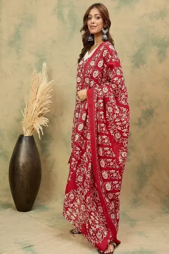 Floral printed cotton v neck kurta trouser & dupatta set