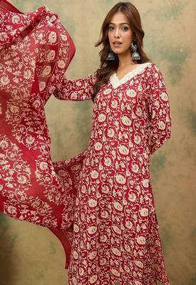 Floral printed cotton v neck kurta trouser & dupatta set 4