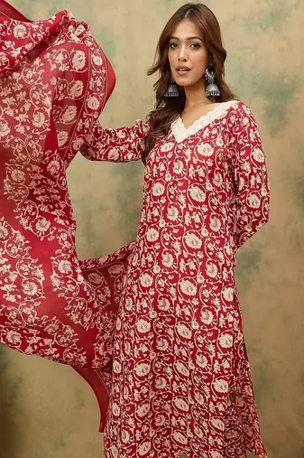 Floral printed cotton v neck kurta trouser & dupatta set