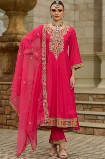Women Geometric Embroidered A-Line Kurta with Trousers & Dupatta