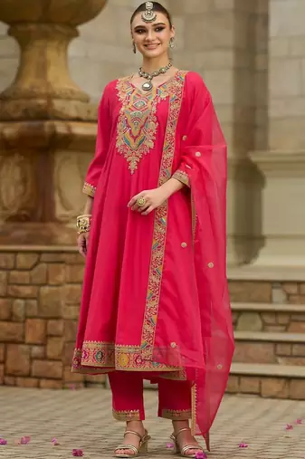 Women Geometric Embroidered A-Line Kurta with Trousers & Dupatta