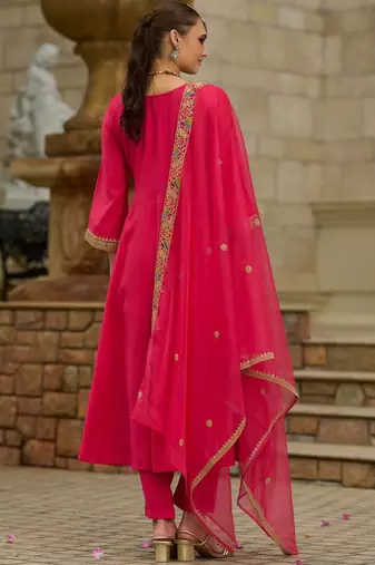 Women Geometric Embroidered A-Line Kurta with Trousers & Dupatta