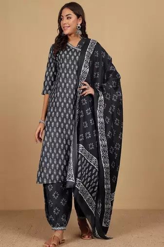Floral printed cotton v neck kurta trouser & dupatta set
