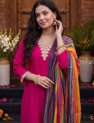 Women Ethnic Motifs Thread Work Kurta with Trousers & With Dupatta 1