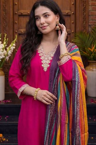 Women Ethnic Motifs Thread Work Kurta with Trousers & With Dupatta
