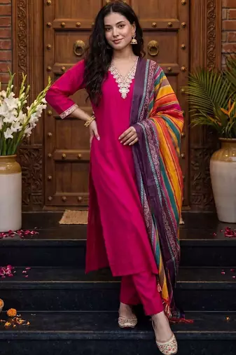Women Ethnic Motifs Thread Work Kurta with Trousers & With Dupatta