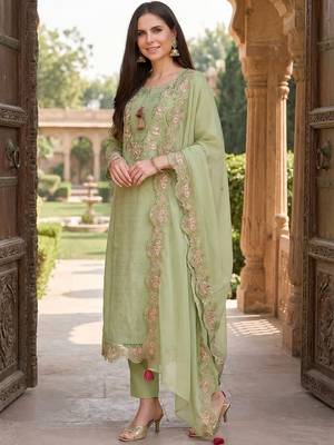 Women Floral Embroidered Thread Work Cotton Kurta with Trousers & With Dupatta 1