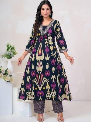 Women Embroidered Thread Work Cotton Kurta with Trousers & With Dupatta 7