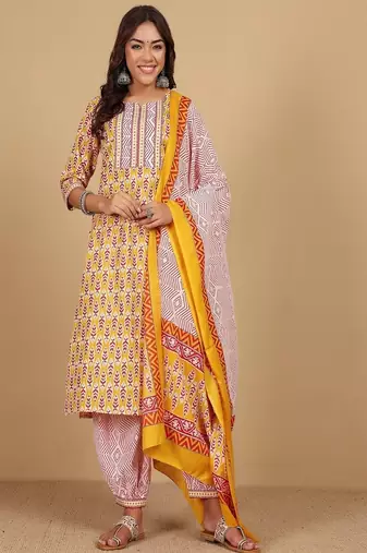Floral printed cotton round neck kurta trouser & dupatta set