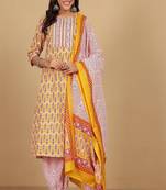 Floral printed cotton round neck kurta trouser & dupatta set
