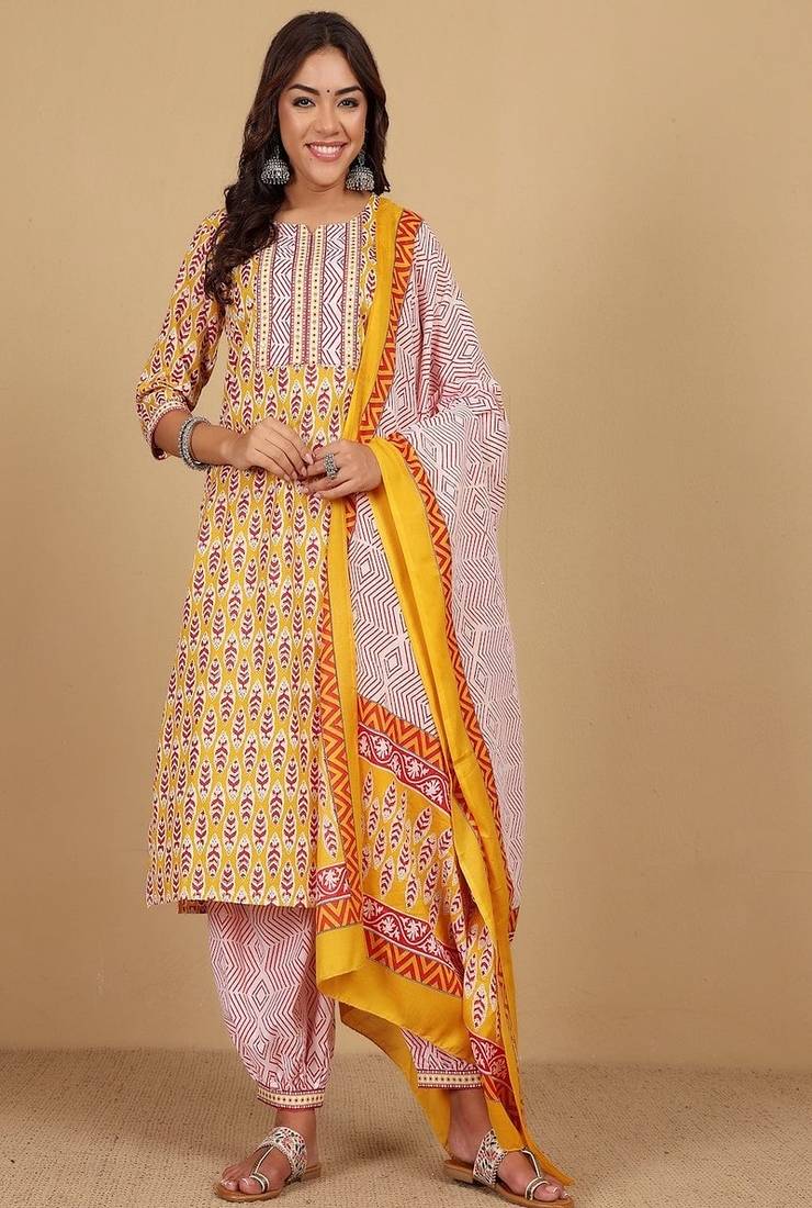 Floral printed cotton round neck kurta trouser & dupatta set