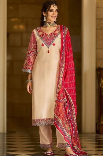 Ethnic Motifs Printed V-Neck Thread Work Kurta With Trousers & Dupatta