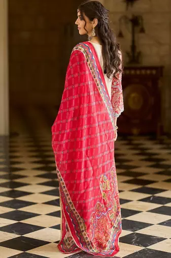 Ethnic Motifs Printed V-Neck Thread Work Kurta With Trousers & Dupatta