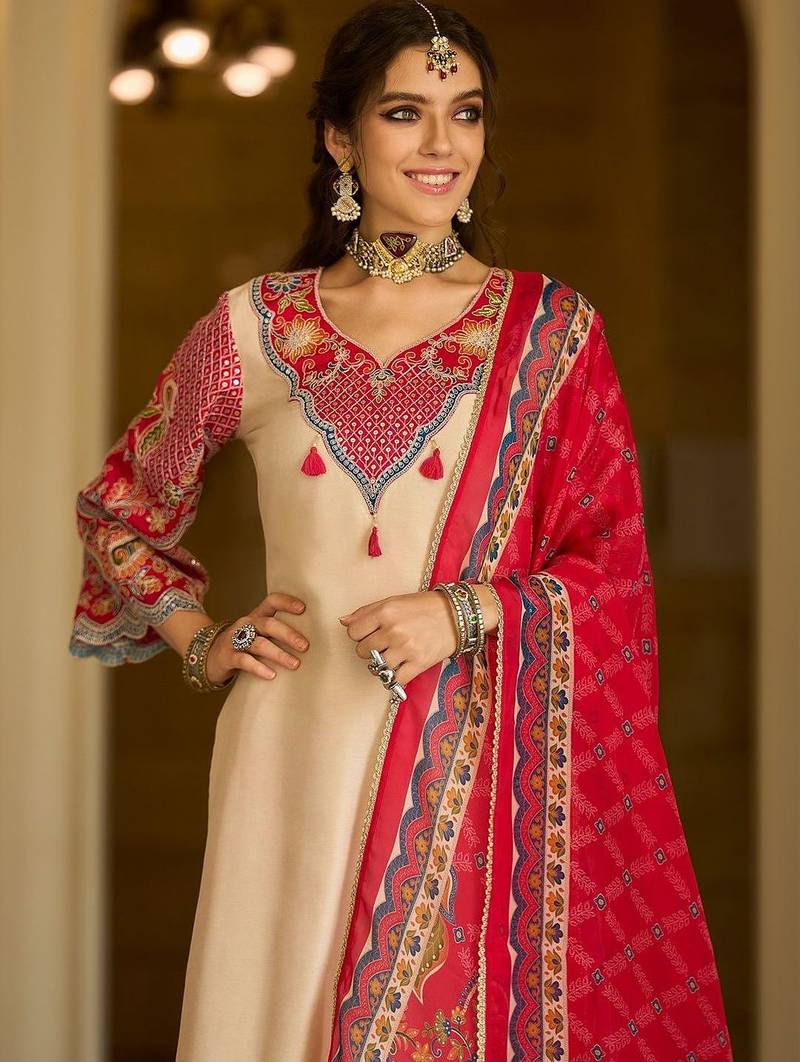 Ethnic Motifs Printed V-Neck Thread Work Kurta With Trousers & Dupatta