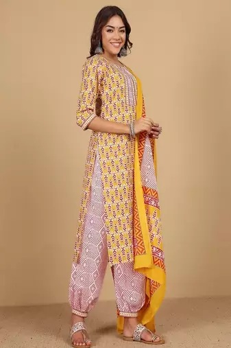 Floral printed cotton round neck kurta trouser & dupatta set