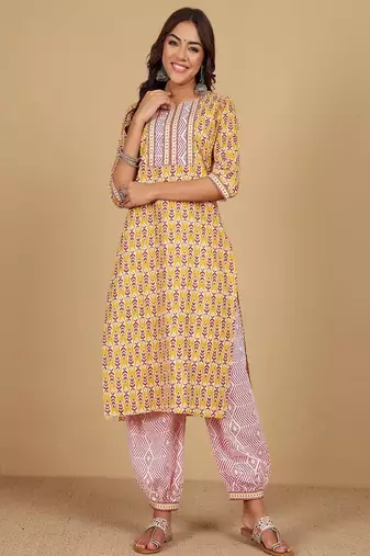 Floral printed cotton round neck kurta trouser & dupatta set
