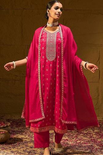 Women Ethnic Motifs Embroidered Kurta with Trousers & With Dupatta